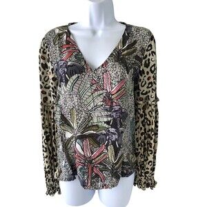 ANTHROPOLOGIE $98 Blank London Sibley Leopard Floral Ruffle Top Size XSmall